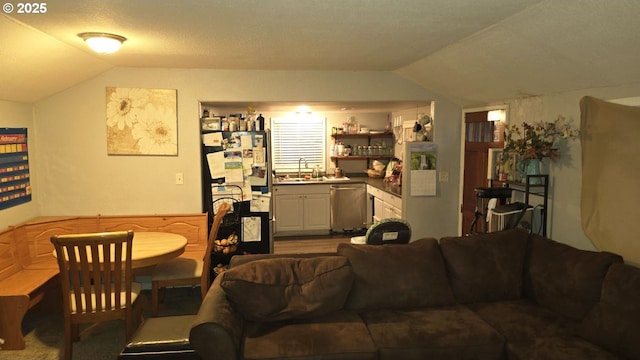 living room featuring lofted ceiling and sink