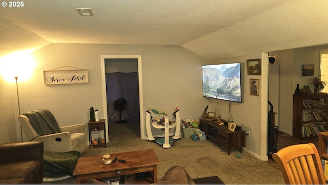 carpeted living room with lofted ceiling