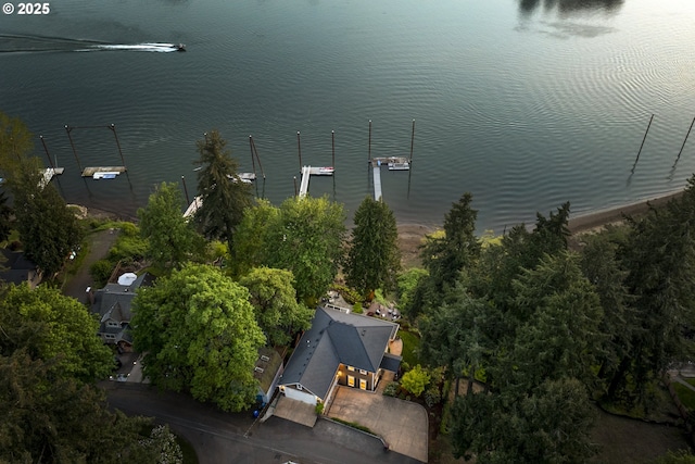 drone / aerial view featuring a water view