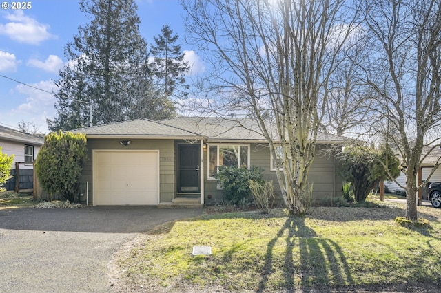 single story home with a garage, a front yard, roof with shingles, and driveway