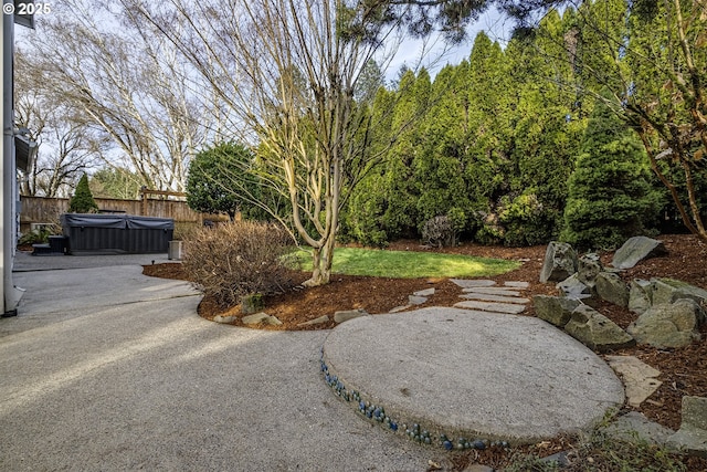 view of yard featuring a patio area and a hot tub