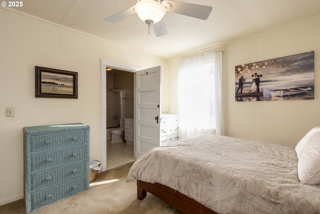 5704 Keene Rd NE, Gervais, OR 97026 - bedroom with carpet, ornamental molding, connected bathroom, and a ceiling fan