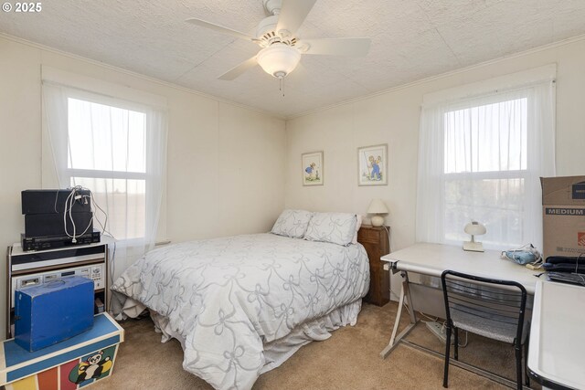 5704 Keene Rd NE, Gervais, OR 97026 - carpeted bedroom with crown molding, a desk, a ceiling fan, and a textured ceiling