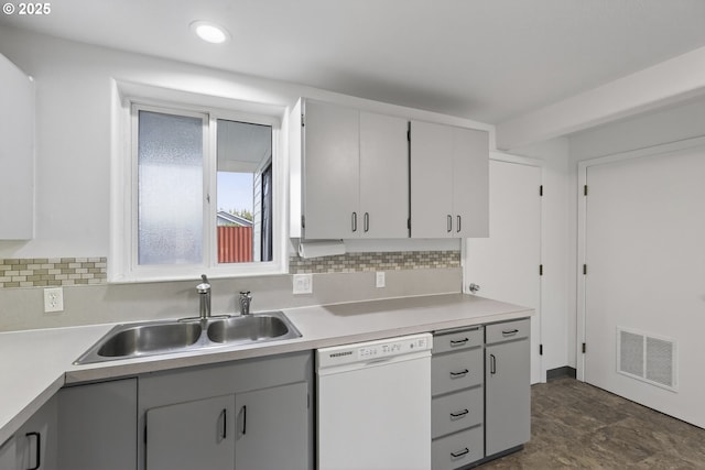 1570 Blaine St, Woodburn, OR 97071 - kitchen with dishwasher, light countertops, backsplash, recessed lighting, and gray cabinets