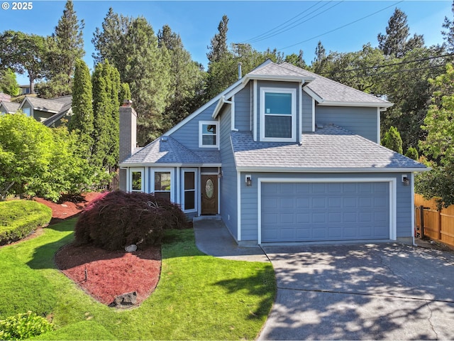 1904 Quinton St, The Dalles, OR 97058 - traditional-style house with a chimney, concrete driveway, a shingled roof, and a garage