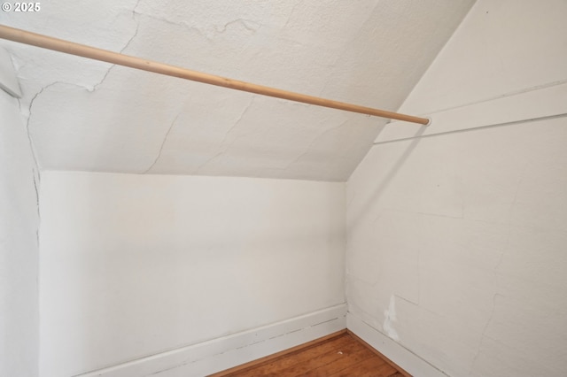 walk in closet with lofted ceiling and wood finished floors