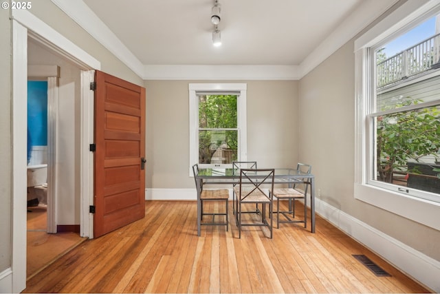 dining area with plenty of natural light, light wood-type flooring, and baseboards