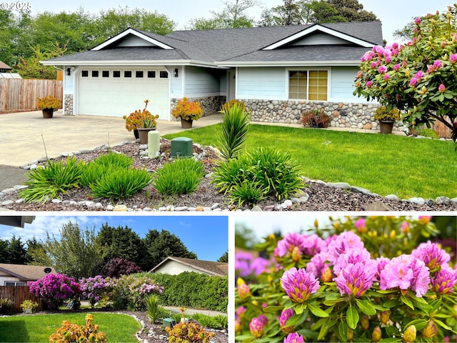 17239 Lumberview Rd, Brookings, OR 97415 - view of front of home featuring stone siding, driveway, an attached garage, and a shingled roof