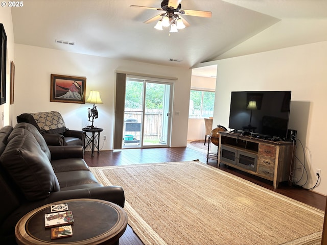 17239 Lumberview Rd, Brookings, OR 97415 - living area featuring a ceiling fan, wood finished floors, and vaulted ceiling