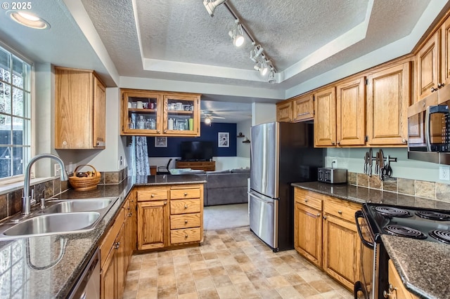 kitchen with a textured ceiling, appliances with stainless steel finishes, a raised ceiling, and a sink