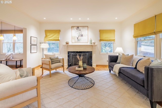 living room featuring crown molding, baseboards, light wood-type flooring, and a premium fireplace