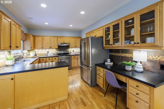 kitchen featuring dark countertops, under cabinet range hood, light wood-type flooring, ornamental molding, and appliances with stainless steel finishes