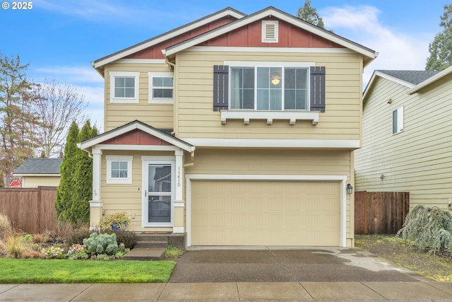 craftsman inspired home with entry steps, concrete driveway, an attached garage, fence, and board and batten siding