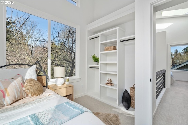 carpeted bedroom with a skylight