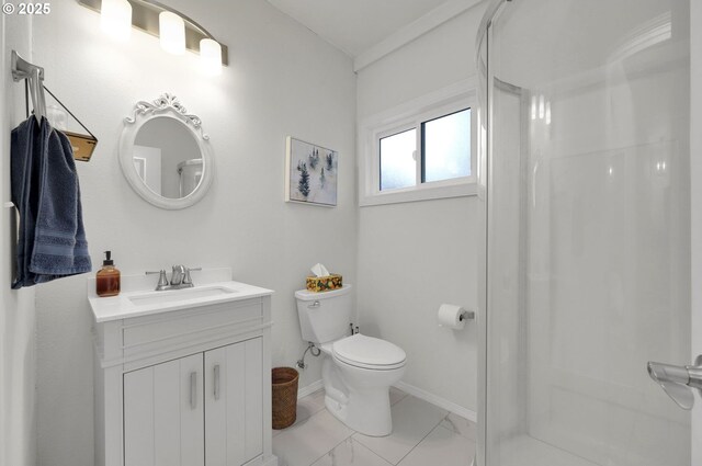 91760 Horse Creek Rd, Mckenzie Bridge, OR 97413 - bathroom featuring a shower stall, vanity, toilet, marble finish flooring, and baseboards