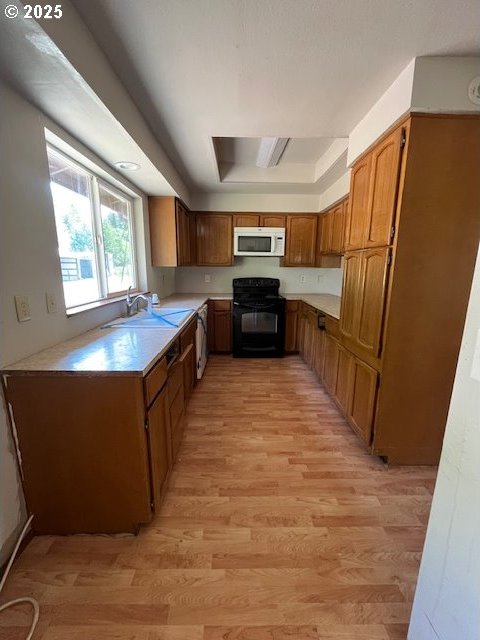 73927 Alder Grove Rd, Clatskanie, OR 97016 - kitchen with range, white microwave, light wood-style floors, a sink, and light countertops