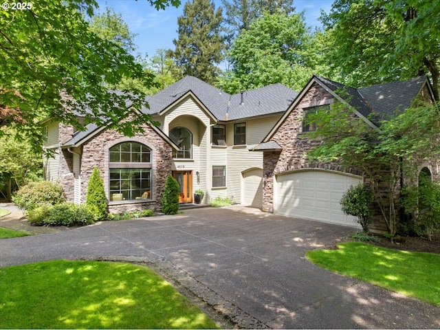 4679 Dogwood Dr, Lake Oswego, OR 97035 - view of front of house with stone siding, driveway, and an attached garage