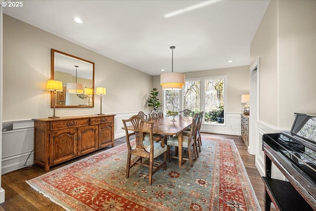 4679 Dogwood Dr, Lake Oswego, OR 97035 - dining room with a decorative wall, a wainscoted wall, dark wood-style floors, and recessed lighting