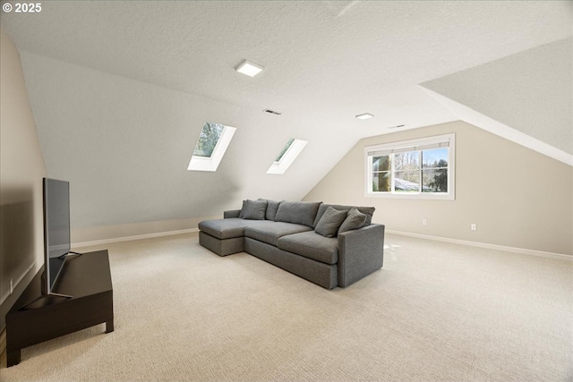 4679 Dogwood Dr, Lake Oswego, OR 97035 - living room featuring carpet floors, a skylight, vaulted ceiling, and baseboards