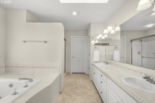 3852 Fairhaven Dr, West Linn, OR 97068 - full bathroom featuring a shower stall, a garden tub, double vanity, a skylight, and a chandelier