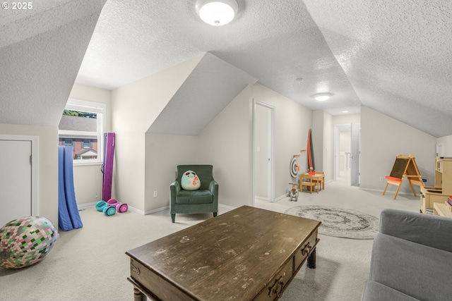 3852 Fairhaven Dr, West Linn, OR 97068 - living room featuring vaulted ceiling, carpet, and a textured ceiling