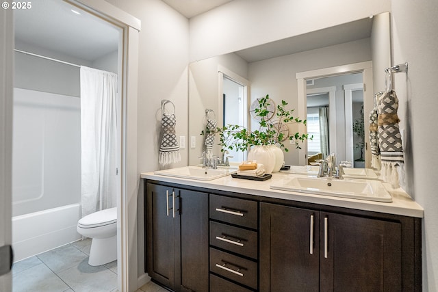 966 Legacy Ln, Eugene, OR 97402 - bathroom featuring double vanity, shower / tub combo, and tile patterned floors
