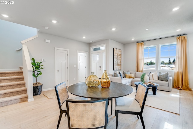 966 Legacy Ln, Eugene, OR 97402 - dining area with light wood-style flooring, stairway, and recessed lighting