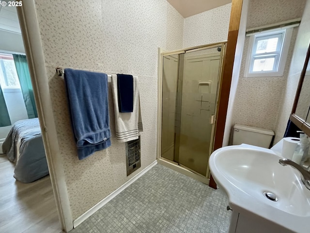 313 Taylor St, Ryderwood, WA 98581 - bathroom featuring a shower stall, wallpapered walls, and vanity