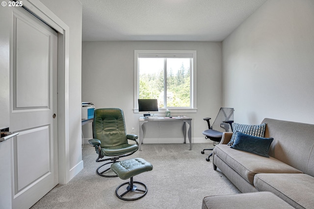 carpeted office space with a textured ceiling and baseboards