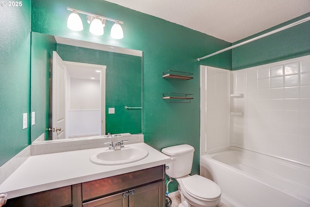 2153 NE 118th Pl, Vancouver, WA 98684 - bathroom featuring a textured wall, toilet, vanity, and bathing tub / shower combination