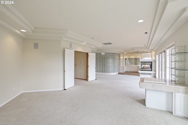 interior space with a tray ceiling and light colored carpet