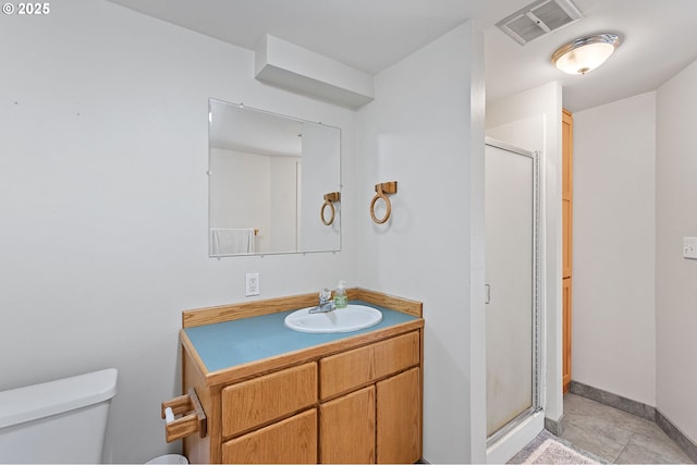 bathroom with toilet, visible vents, a shower stall, and vanity