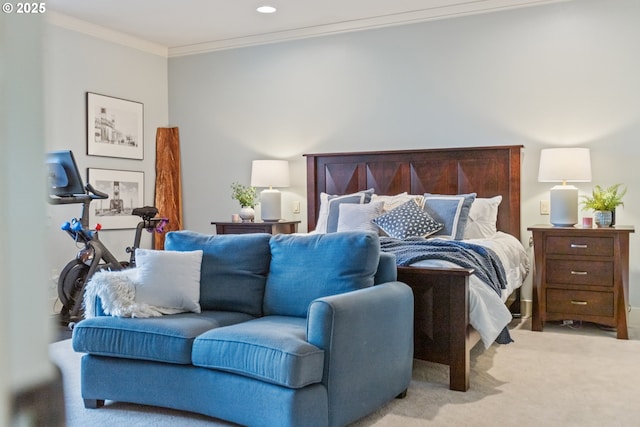 bedroom featuring recessed lighting, light colored carpet, and ornamental molding