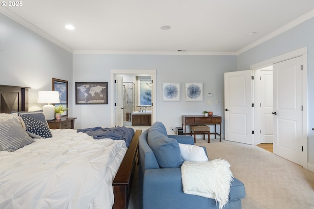 bedroom featuring crown molding, recessed lighting, light colored carpet, and connected bathroom