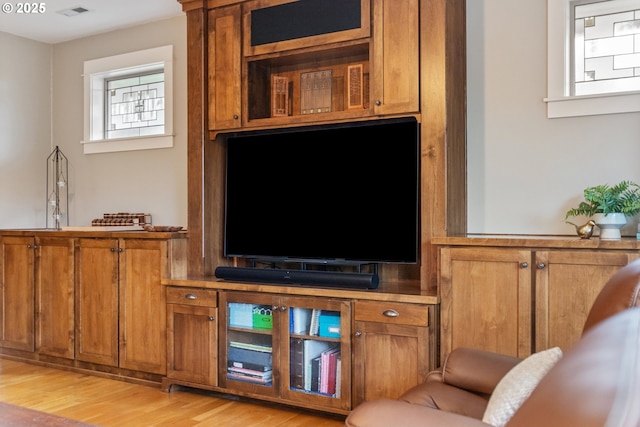 living room featuring visible vents and light wood-style floors