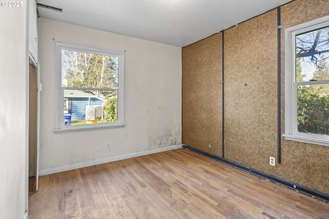 spare room featuring baseboards, a wealth of natural light, and wood finished floors