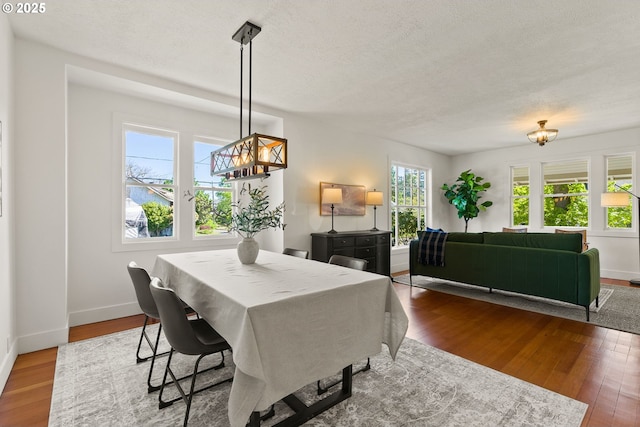 dining room with baseboards, a textured ceiling, and wood finished floors