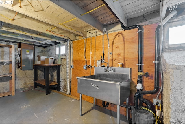 below grade area with a sink and electric panel