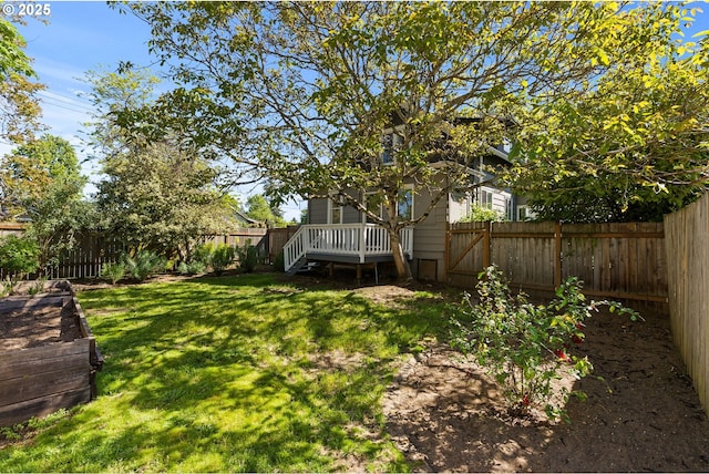 view of yard with a wooden deck and a fenced backyard
