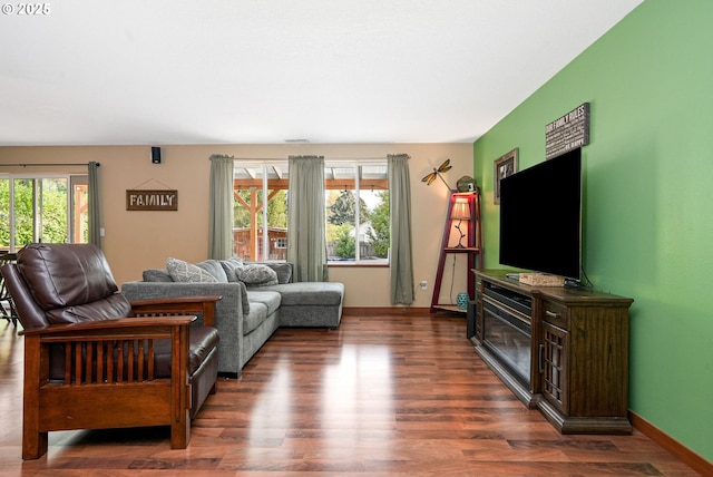 living room featuring dark hardwood / wood-style flooring and a wealth of natural light