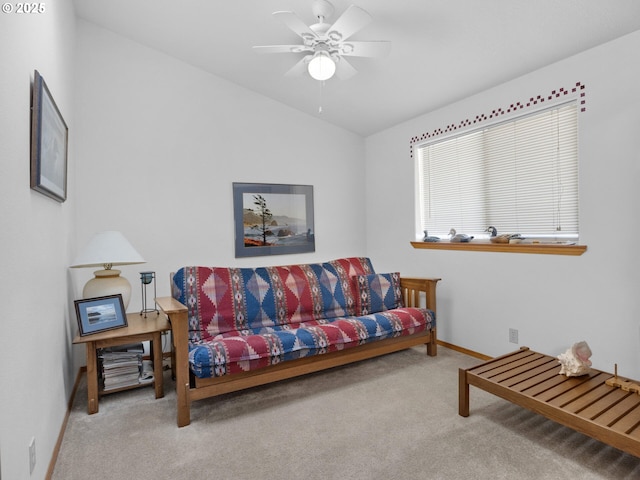 370 4th Pl, Manzanita, OR 97130 - living area featuring lofted ceiling, carpet, baseboards, and a ceiling fan