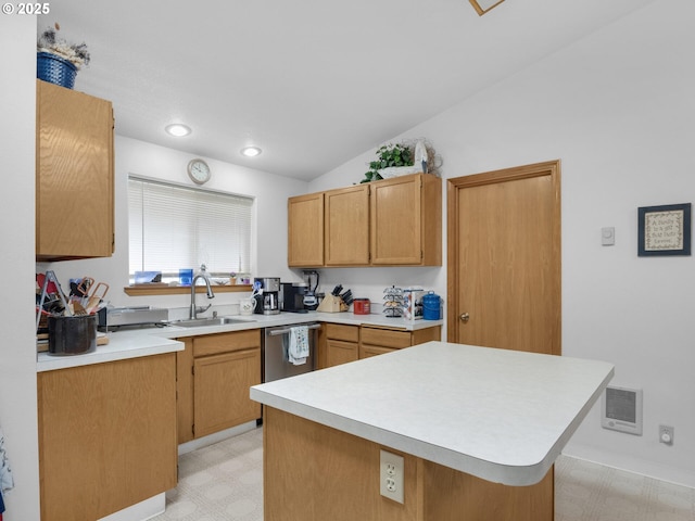 370 4th Pl, Manzanita, OR 97130 - kitchen with a sink, light floors, light countertops, vaulted ceiling, and recessed lighting