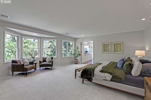 bedroom featuring carpet floors, baseboards, recessed lighting, and visible vents