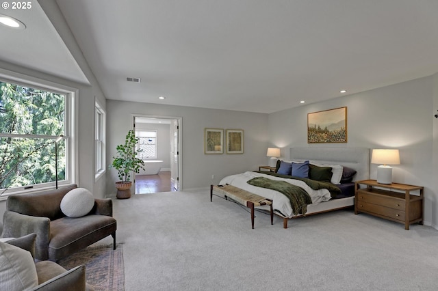 carpeted bedroom with visible vents, recessed lighting, and baseboards