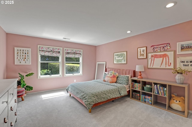 carpeted bedroom with recessed lighting, baseboards, and visible vents