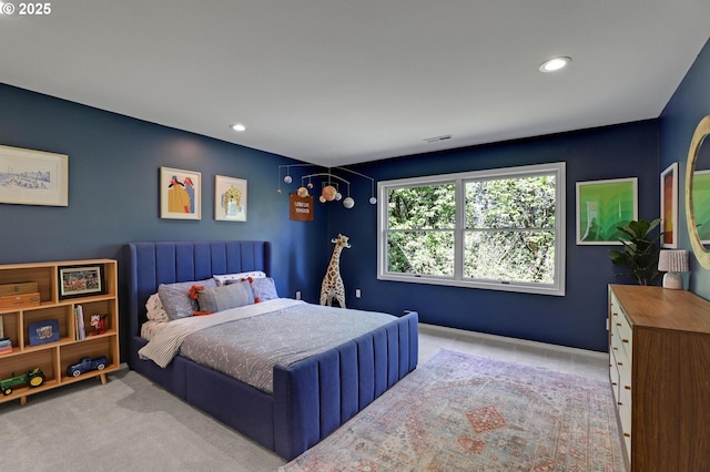 bedroom with carpet, recessed lighting, and visible vents