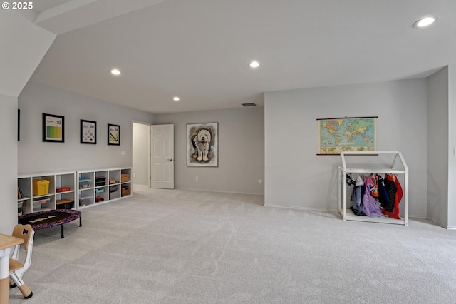 playroom with carpet floors, baseboards, and recessed lighting