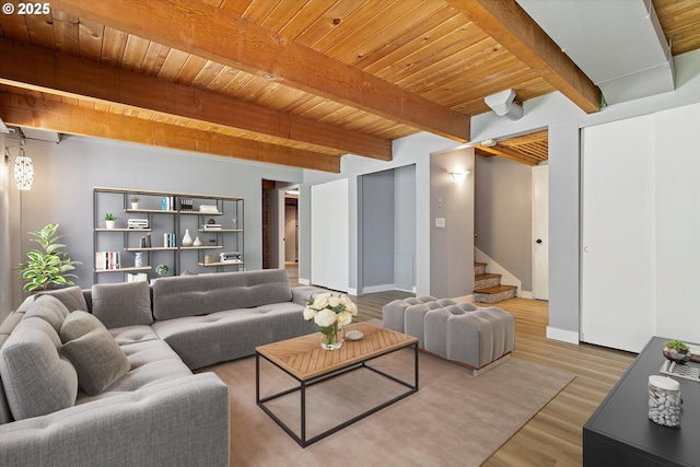 721 NW 76th St, Vancouver, WA 98665 - living area featuring wood finished floors, stairs, and a wood ceiling with exposed beams