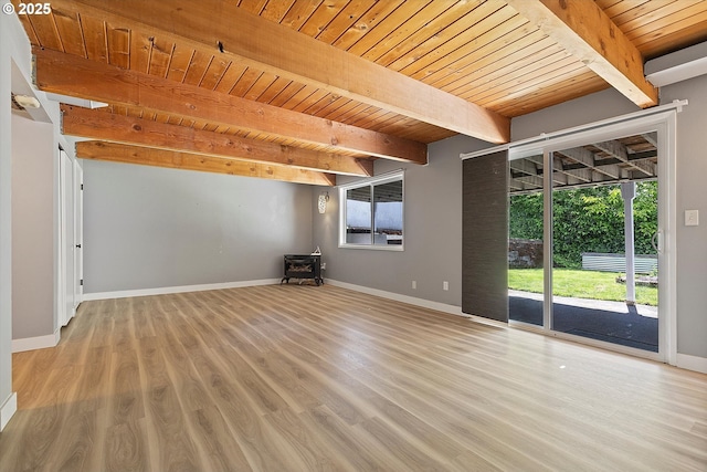 721 NW 76th St, Vancouver, WA 98665 - unfurnished room with a wood stove, plenty of natural light, baseboards, wood finished floors, and wooden ceiling with exposed beams