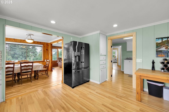 35478 Brabham Rd, Pleasant Hill, OR 97455 - kitchen featuring refrigerator with ice dispenser, crown molding, light wood-type flooring, and recessed lighting